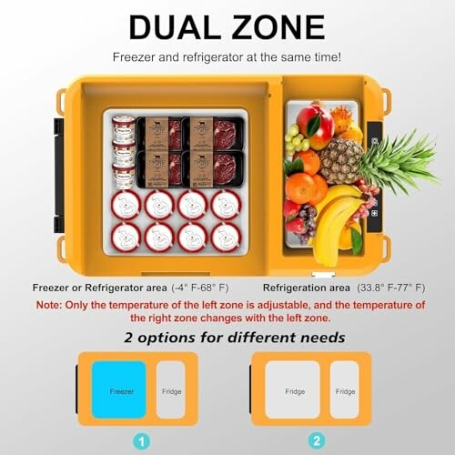 Dual zone freezer and refrigerator with adjustable temperature and fruit storage.