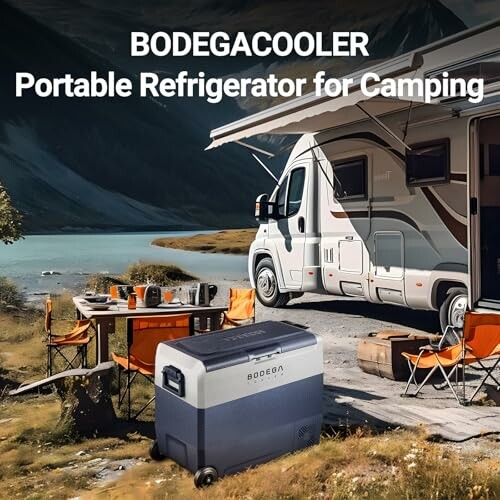 Portable refrigerator in a camping scene with RV and mountains.