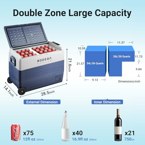 A portable cooler with double zone large capacity and dimensions.