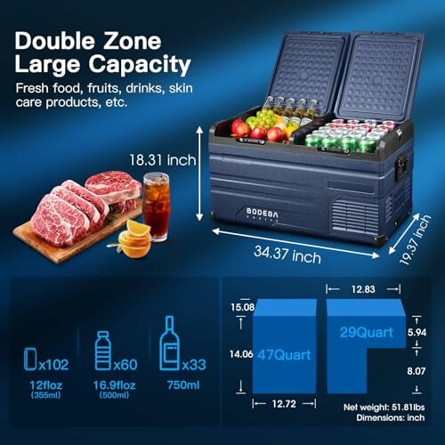 Portable double zone cooler showing large capacity with meats, fruits, and drinks.