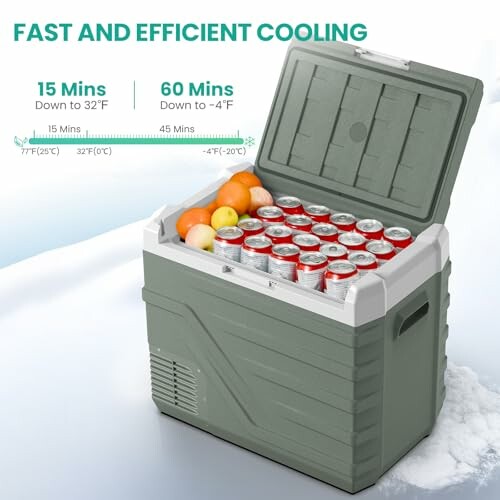 Portable cooler filled with soda cans and fruits, highlighting fast cooling times.