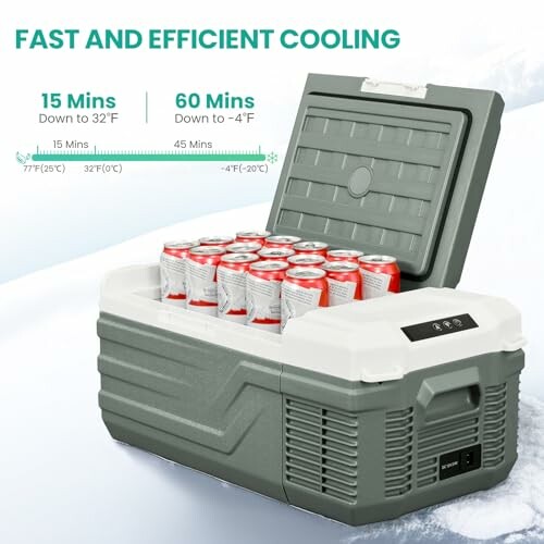 Portable cooler with soda cans, showing fast cooling times.