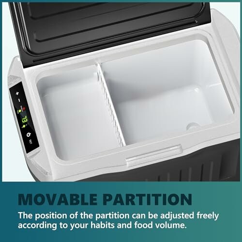 Open portable fridge with adjustable partition.