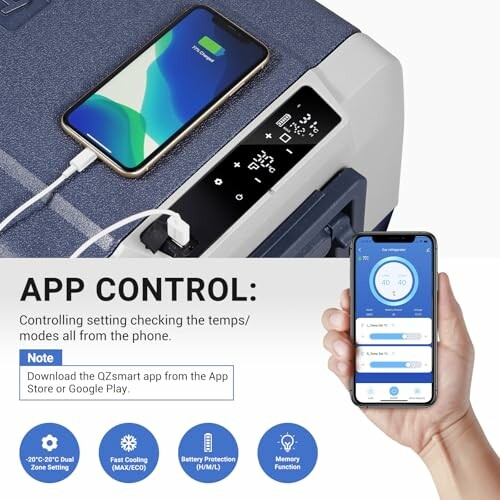 Smartphone controlling a temperature-regulating device via app.